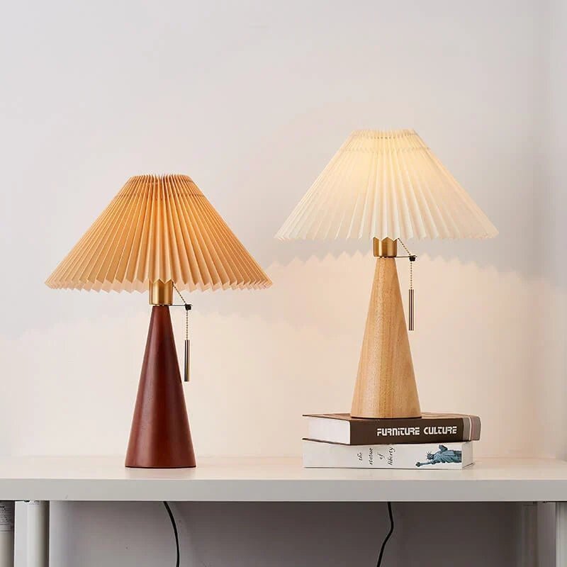 Japanese Wooden Table Lamp With Pleated Fabric Shade - Image 3