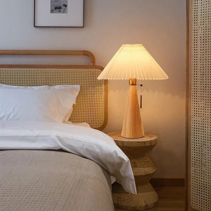Japanese Wooden Table Lamp With Pleated Fabric Shade - Image 4