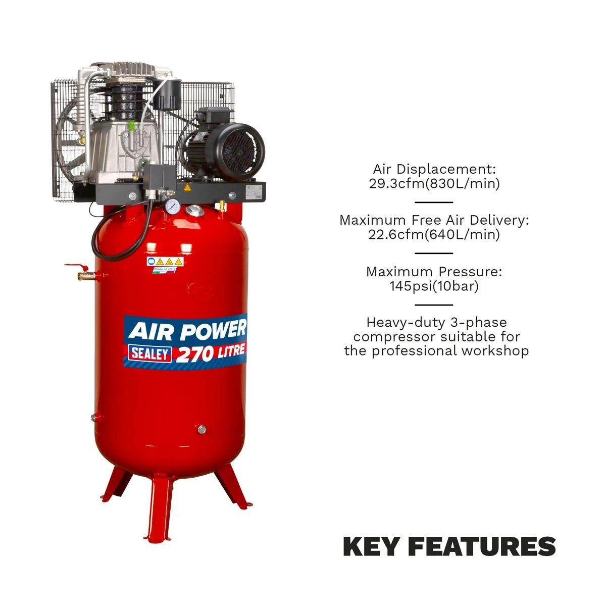 Sealey SACV52775B 270L Vertical Belt Drive Air Compressor 415V/32A - Image 3