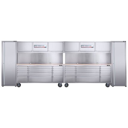 Excel 72" 30 Drawer Stainless Steel Workbench Roller Tool Chest Cabinet with 6 Overhead Cabinets & 2 Tall Cabinet