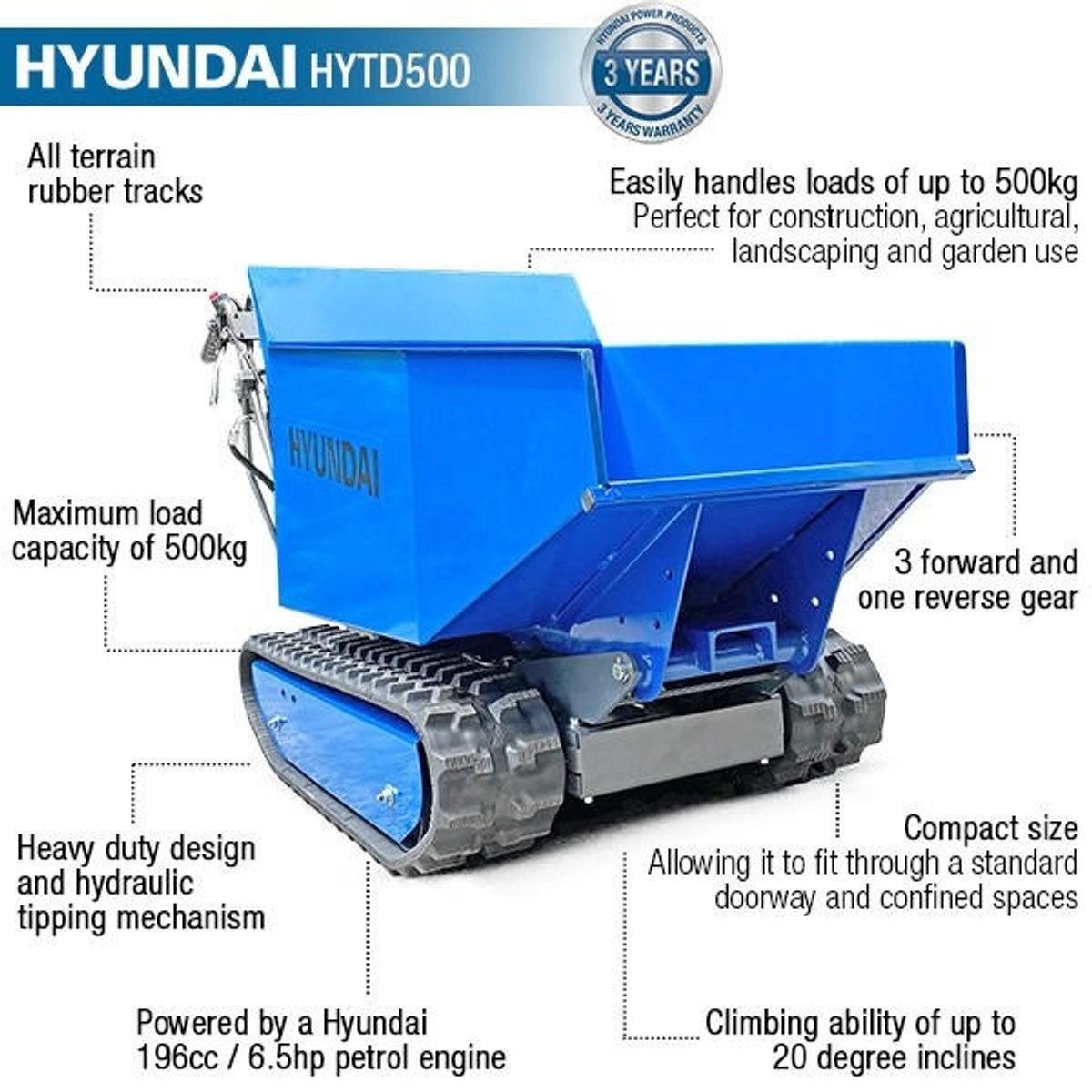 Hyundai HYTD500 196cc 500kg Petrol Tracked Mini Dumper Power Barrow Transporter - Image 3