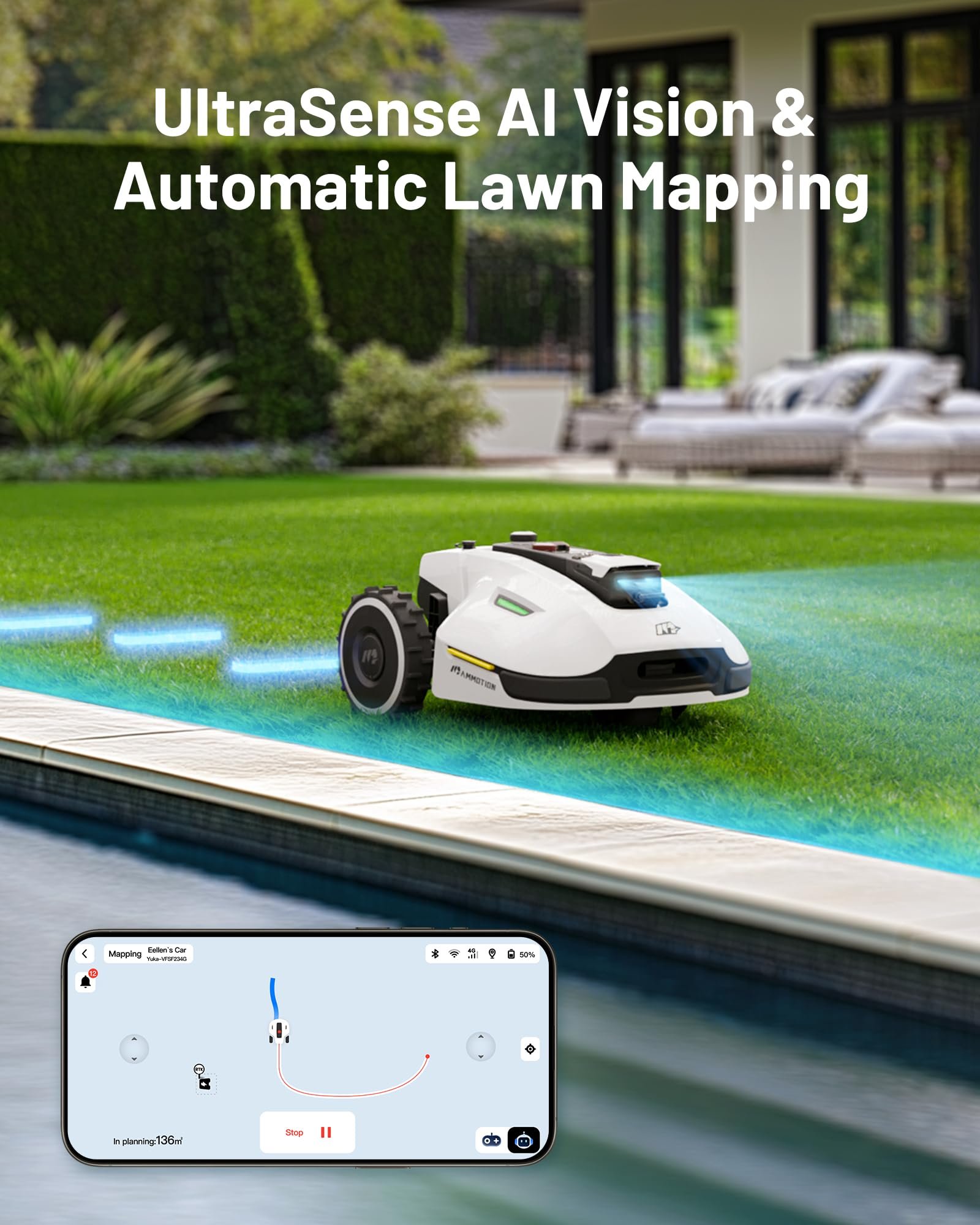 MAMMOTION YUKA 3000 Robot Lawn Mower, Perimeter Wire free,Recommended 3000 m, Max.4000 m,Equipped with Ultrasense Al vision, Handles 45% slopes - Image 2