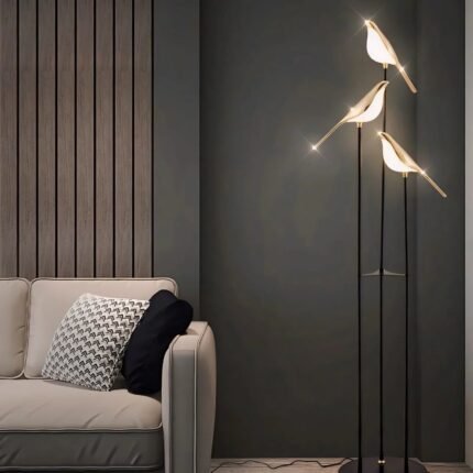 Modern Bird LED Floor Lamp With 3 Light Heads and Gold Accents