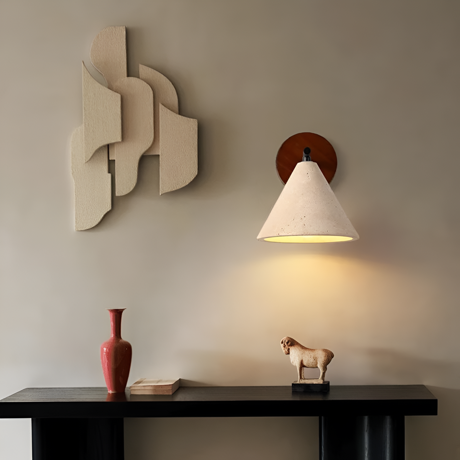 Yellow Travertine Cone Wall Light With Wood Base - Image 3